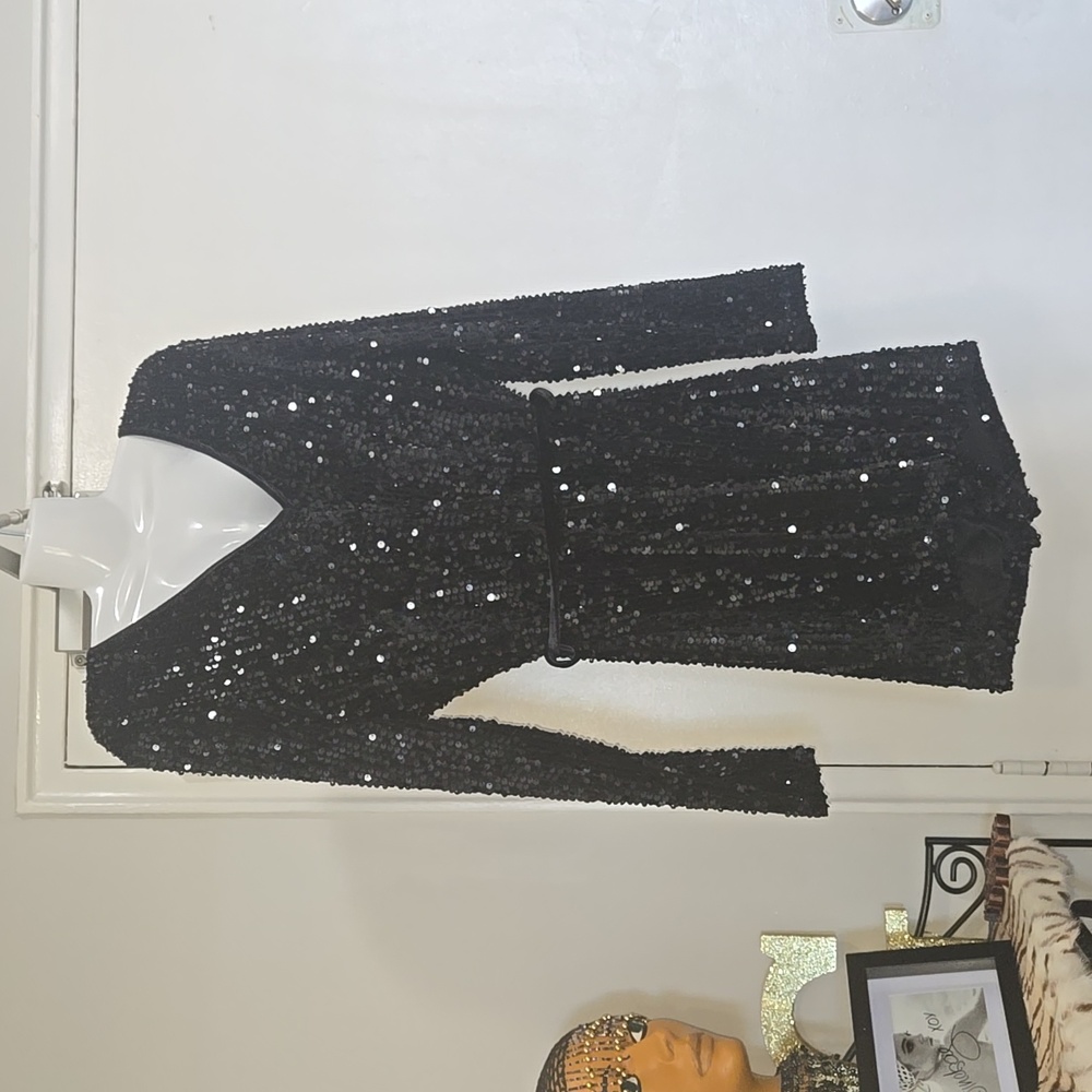 VALENTINE L BLACK SEQUIN ROMPER Y2K DISCO CLUB GLITZ GLAM SHOWSTOPPER